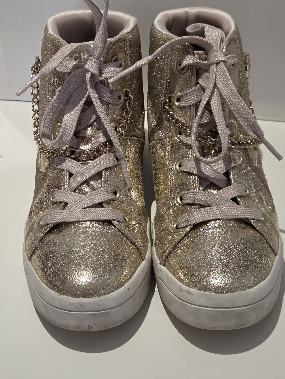 Skechers Girls Shoes Size 4 Hi-Lite Stellar Shine Sneaker With Chain Gold Hi Top
